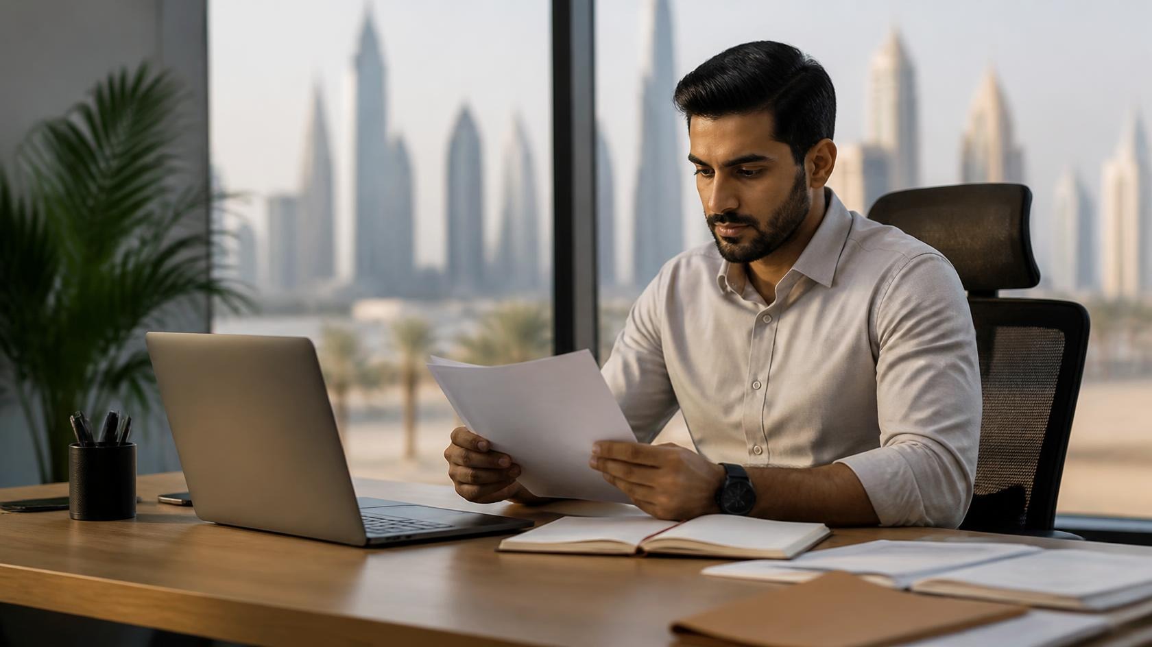 Professional man with laptop preparing a Gulf job search for Saudi Arabia from abroad