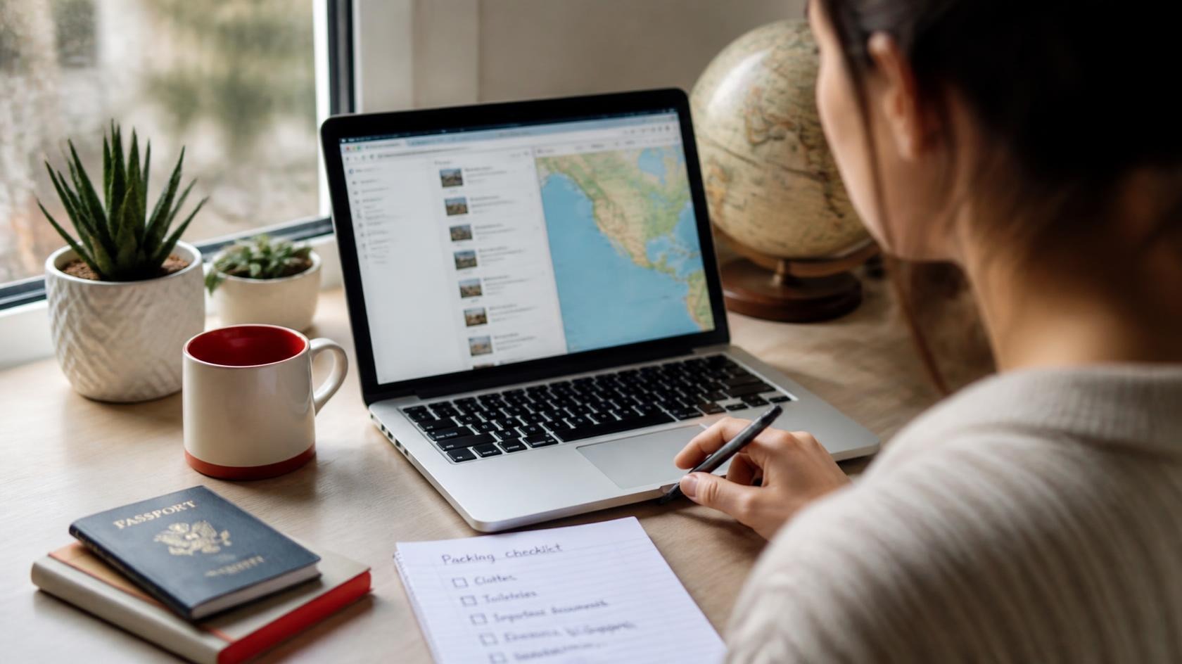 Professional at a laptop planning an international move with passport and notes on the desk