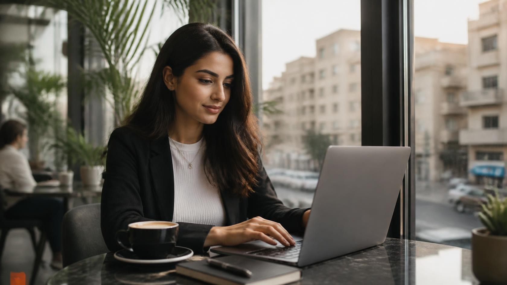 Professional woman working on a laptop in a bright Amman café while searching for jobs in Jordan