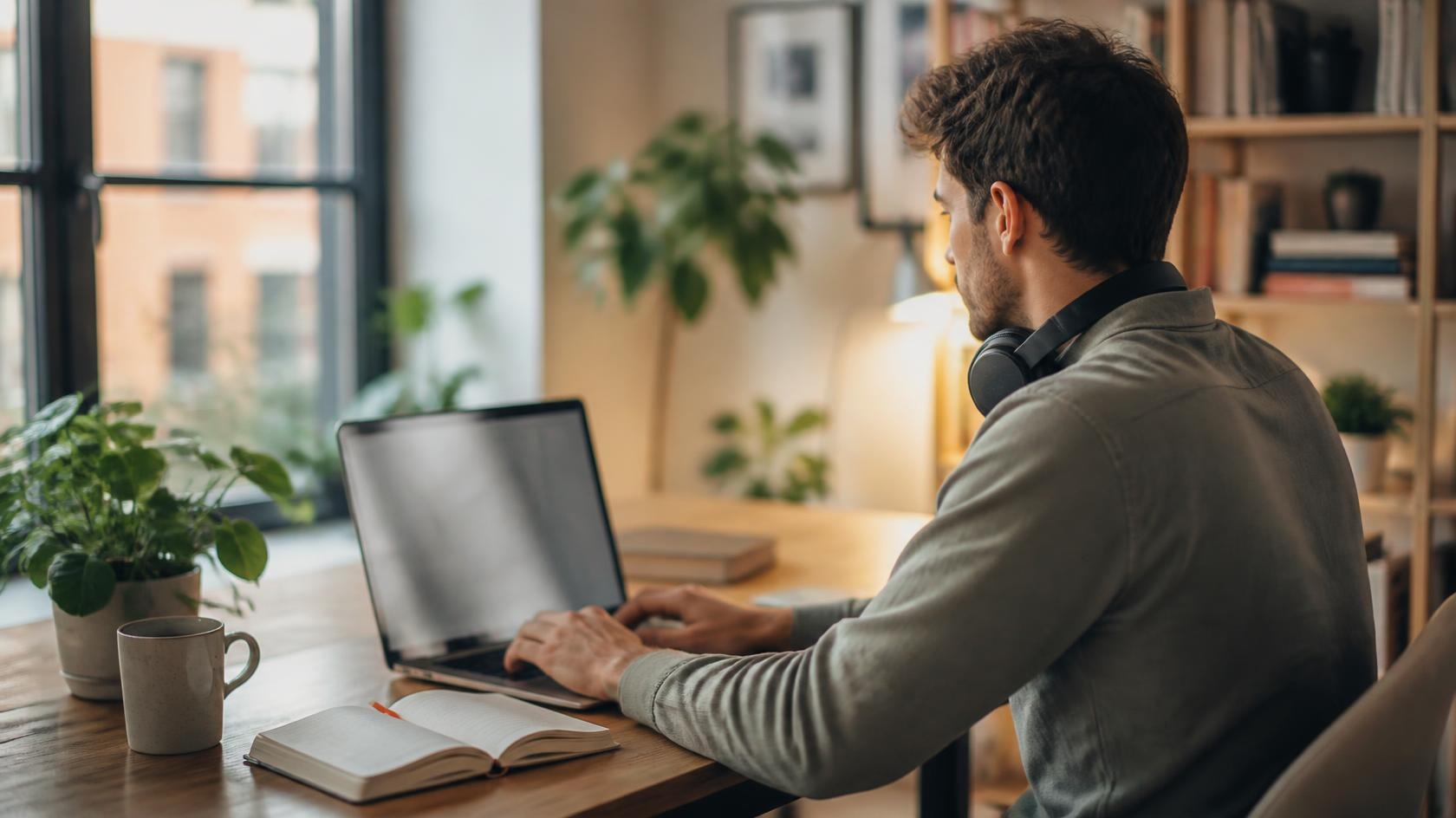 Anonymous professional working remotely at a laptop in a bright home office with headphones around the neck and a small red accent on a pen